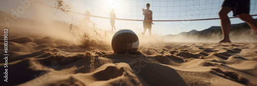 Fényképezés Wallpaper of people enjoying a game of beach volleyball in the sand, sunny day i