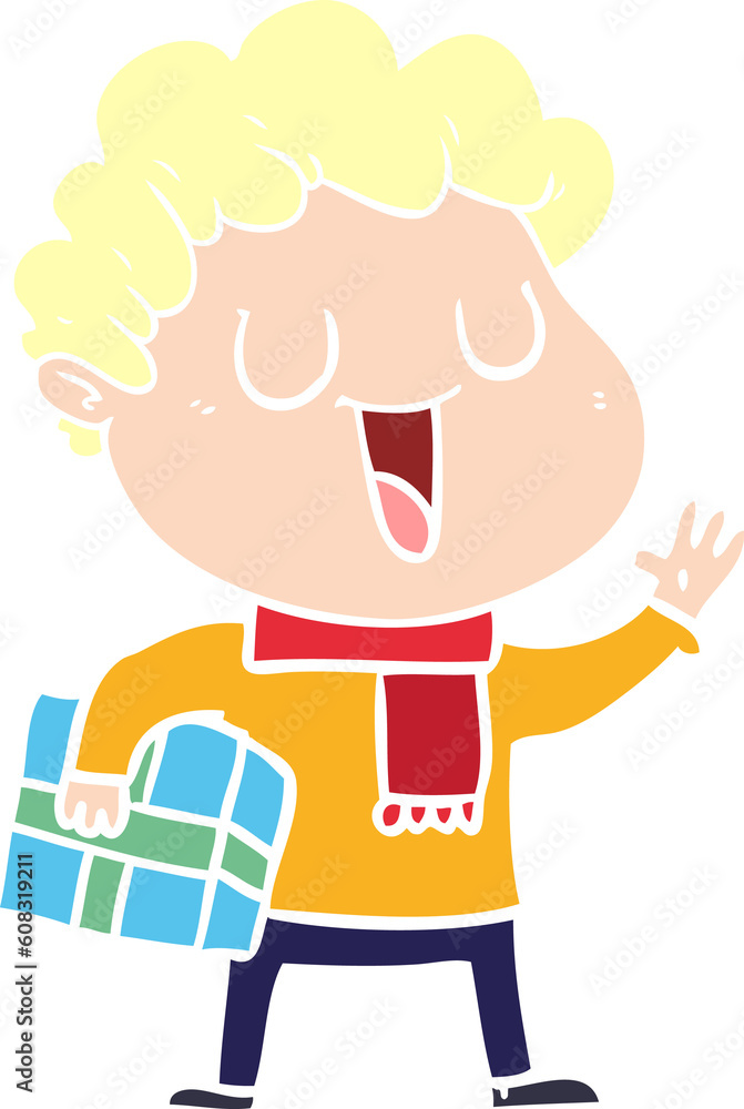 laughing flat color style cartoon man with present