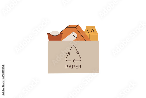 Paper rubbish for utilization. Container with cardboard takeaway food packs for recycling. Sorting Carton disposable packages concept. Vector illustration