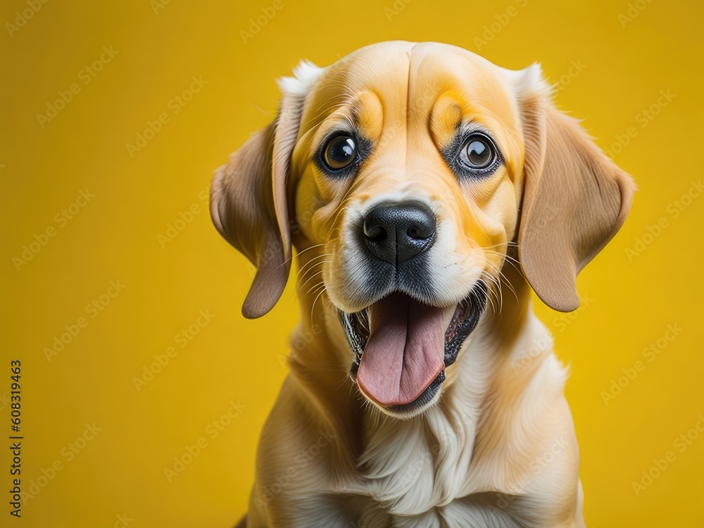 Happy dog on yellow. smile portrait, ai generative