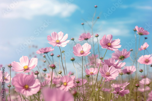 Pink cosmos flowers in a field on a sunny day