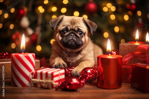 Illustration of a cute pug dog sitting in front of a festive Christmas tree created with Generative AI technology