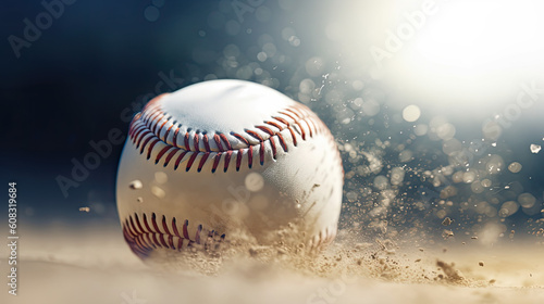 baseball resting in the dirt on baseball field on a sunny day, lens flare and pretty flying dust, sport wallpaper,  AI photo