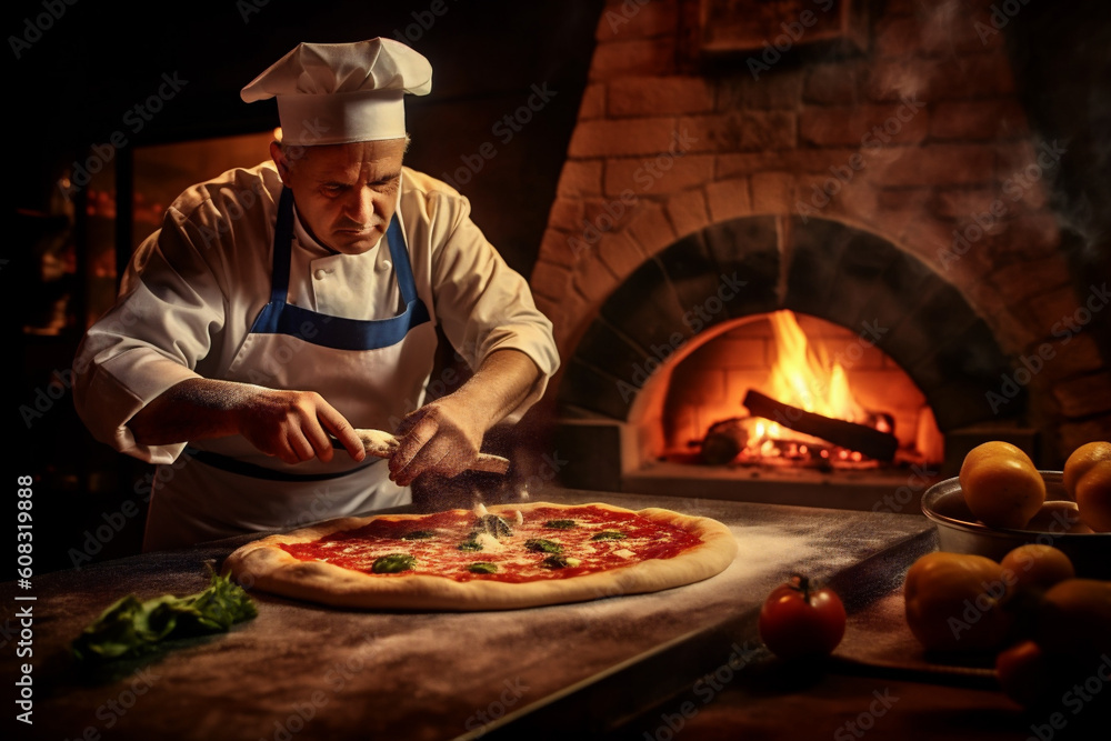 Italian chef is doing really Italian Pizza in the Traditional Firewood Stone Wood Fired Pizza Oven. AI Generative