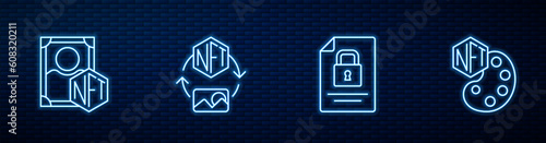 Set line Document and lock, NFT Digital crypto art, and . Glowing neon icon on brick wall. Vector