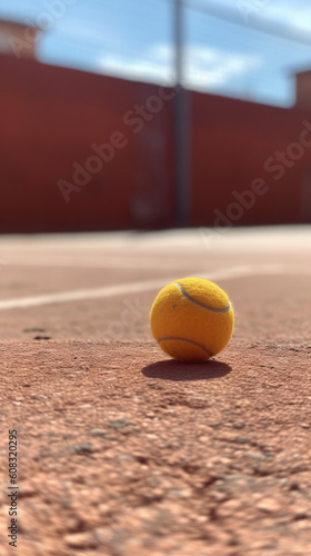 tennis ball sitting on a tennis court, vertical banner, AI © kiddsgn