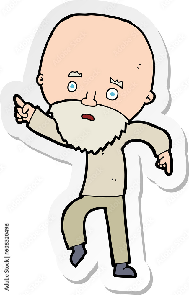sticker of a cartoon worried old man pointing