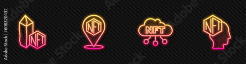 Set line NFT cloud, Digital crypto art, and . Glowing neon icon. Vector