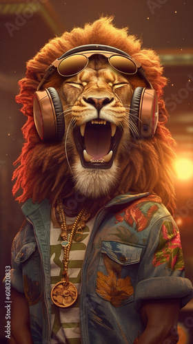 Illustration of a funny lion in the style of rappers, wearing headphones listens to music - ai generative © Giordano Aita