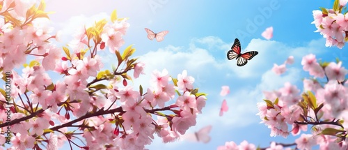 Large format spring image of blooming nature. Branches of pink cherry blossoms and fluttering butterflies against a blue sky with clouds on bright sunny day