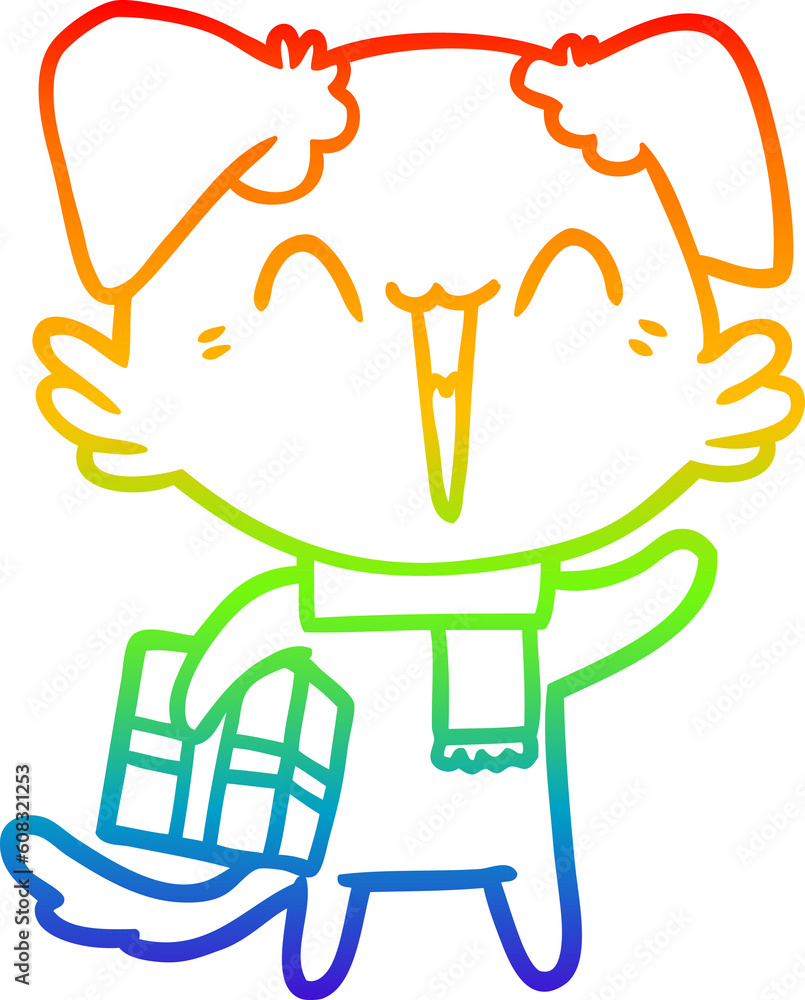 rainbow gradient line drawing of a happy little cartoon dog in winter clothes rainbow gradient line drawing of a happy little cartoon dog in winter clothes
