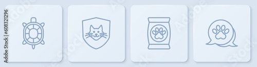 Set line Turtle, Bag of food for pet, Animal health insurance and Paw print. White square button. Vector