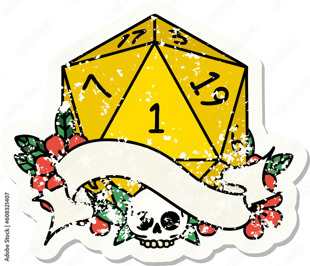 grunge sticker of a natural one d20 dice roll