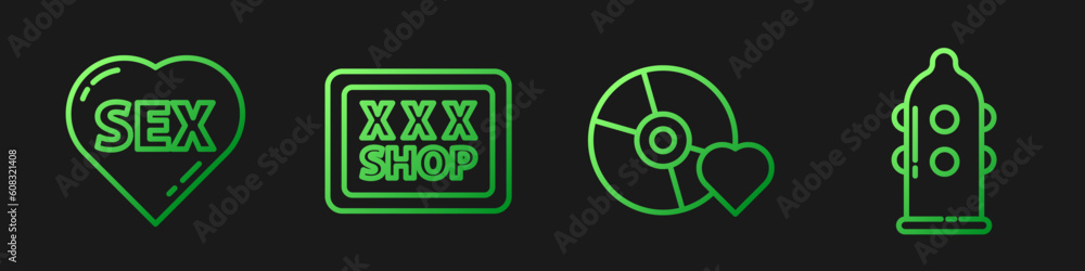Set line Adult label on compact disc, Heart with text Sex, Sex shop and Condom. Gradient color icons. Vector Set line Adult label on compact disc, Heart with text Sex, Sex shop and Condom. Gradient color icons. Vector