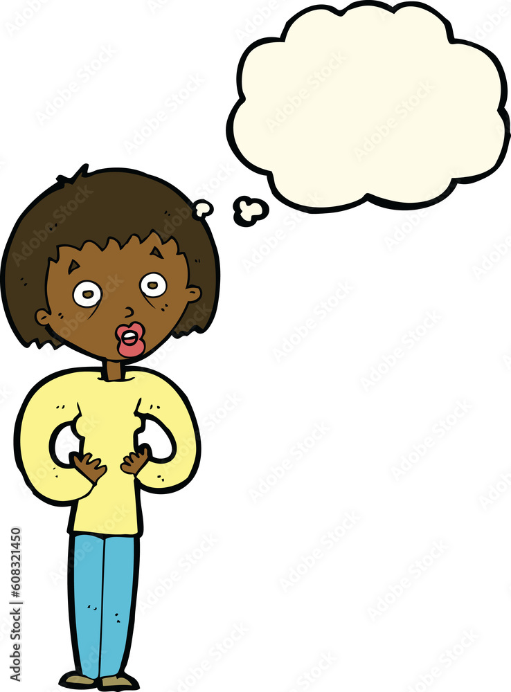 cartoon woman gesturing at self with thought bubble cartoon woman gesturing at self with thought bubble