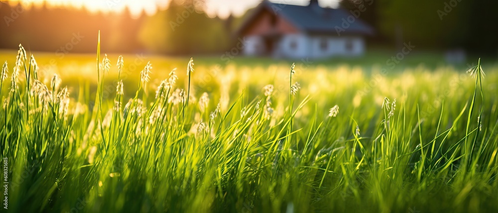Tall green juicy young grass at sunset in sunshine in spring summer against a blurred rural landscape with a house