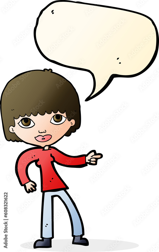 cartoon woman pointing with speech bubble