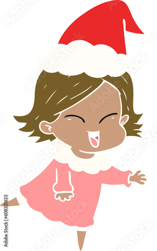 happy hand drawn flat color illustration of a girl wearing santa hat