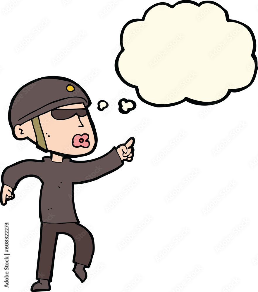 cartoon man in bike helmet pointing with thought bubble
