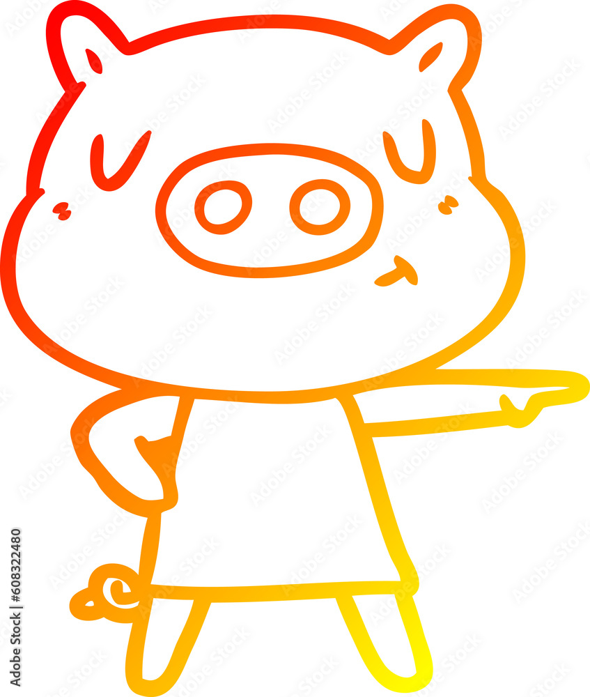 warm gradient line drawing of a cartoon content pig in dress pointing warm gradient line drawing of a cartoon content pig in dress pointing