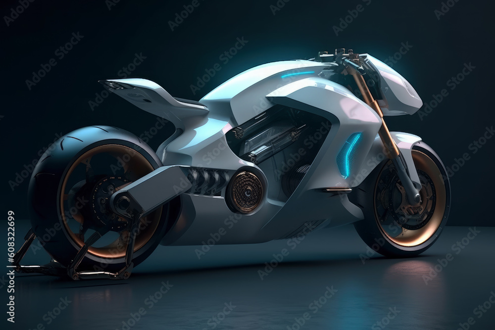 Futuristic sports bike in cyberpunk style on black background, AI Generated Futuristic sports bike in cyberpunk style on black background, AI Generated