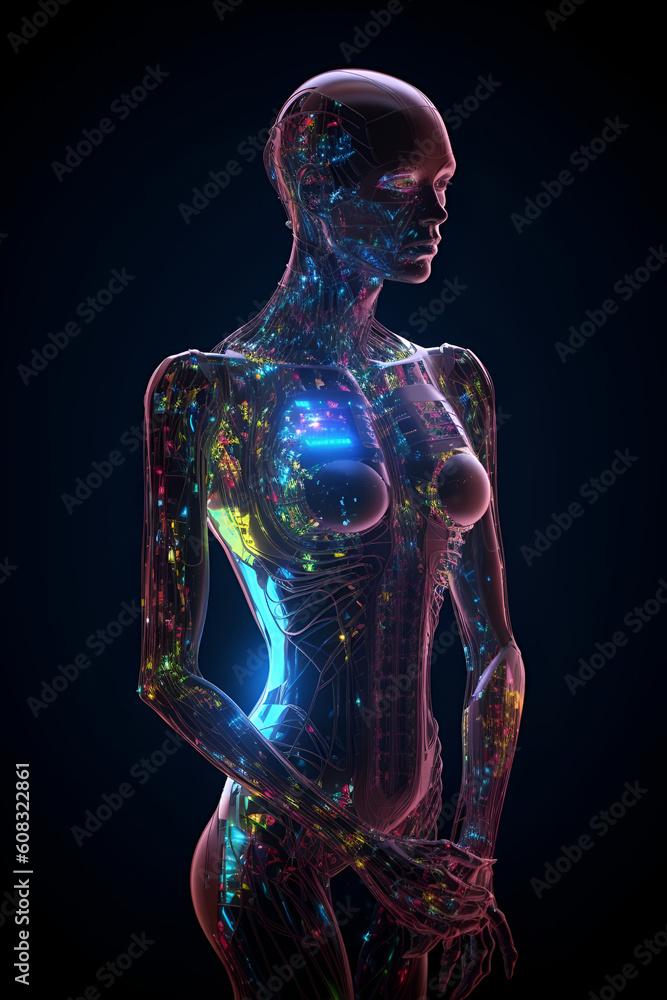 Stylish handsome cyborg in profile, a futuristic character in a female body, generative AI. Stylish handsome cyborg in profile, a futuristic character in a female body, generative AI.