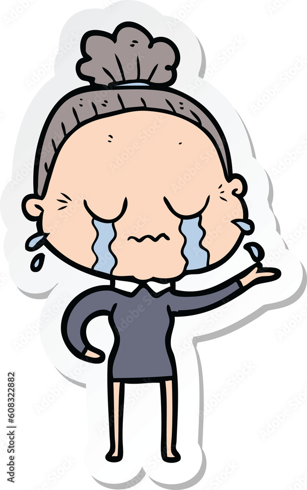 sticker of a cartoon crying old lady