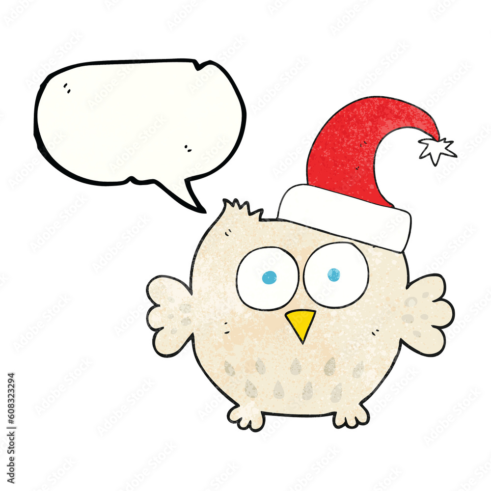 freehand speech bubble textured cartoon little owl wearing christmas hat freehand speech bubble textured cartoon little owl wearing christmas hat
