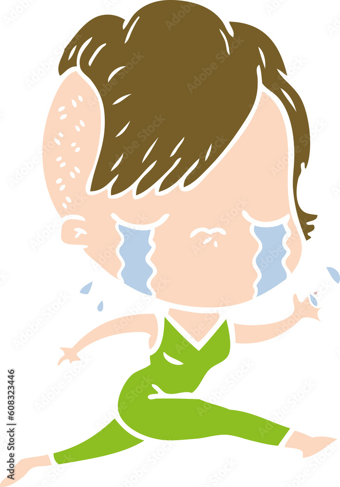 flat color style cartoon crying girl running flat color style cartoon crying girl running