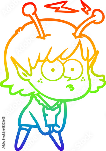 rainbow gradient line drawing of a cartoon alien girl