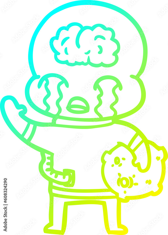 cold gradient line drawing of a cartoon big brain alien crying and waving goodbye cold gradient line drawing of a cartoon big brain alien crying and waving goodbye