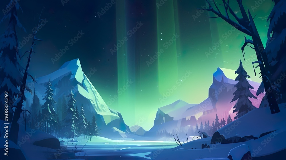 Abstract background northern lights. Illustration showcasing a vibrant display of Northern neon lights against an abstract background, accompanied by a captivating banner design. Generative AI.