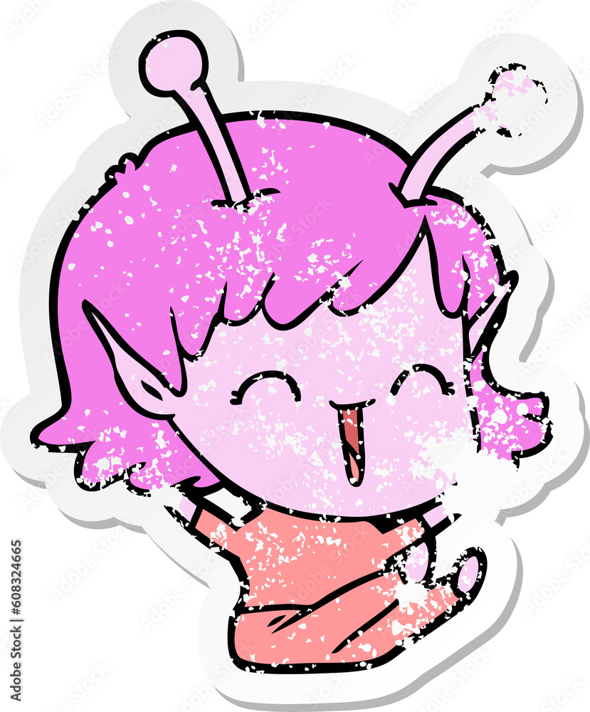 distressed sticker of a cartoon alien girl laughing distressed sticker of a cartoon alien girl laughing
