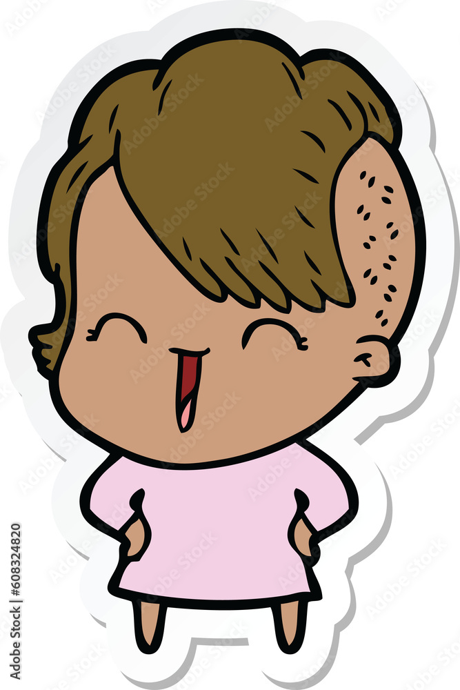 sticker of a cartoon happy hipster girl