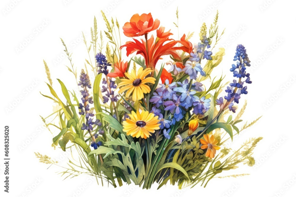 Obraz premium Wildflower Meadow Bouquet watercolor painting. Generative AI