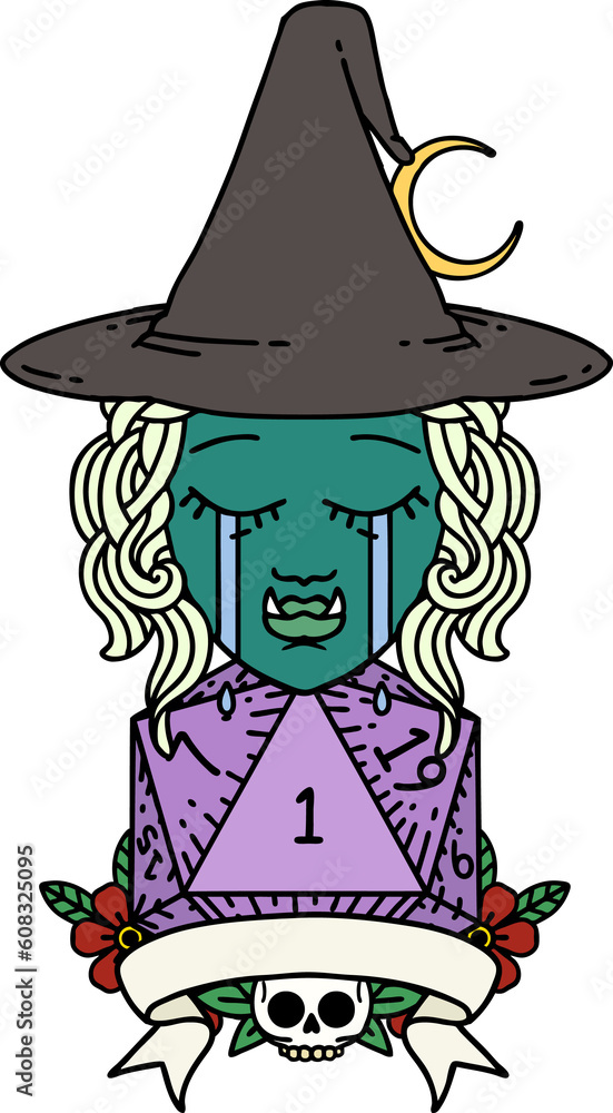 Retro Tattoo Style crying half orc witch character with natural one roll Retro Tattoo Style crying half orc witch character with natural one roll