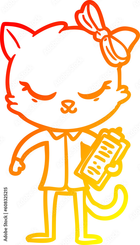 warm gradient line drawing of a cute cartoon business cat with bow