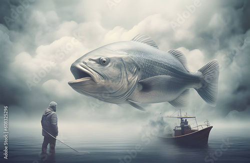 fishing with big fish, in the style of surreal composition, photorealistic rendering, cold and detached atmosphere