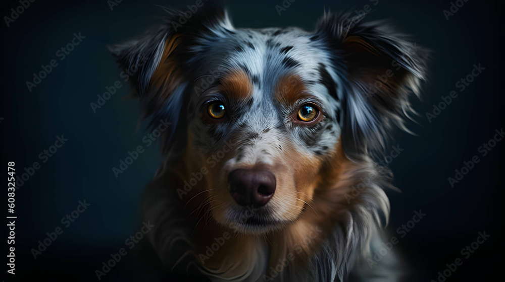 portrait of the puppy dog Australian Shepherd lying on the blue background, looking at the copy space