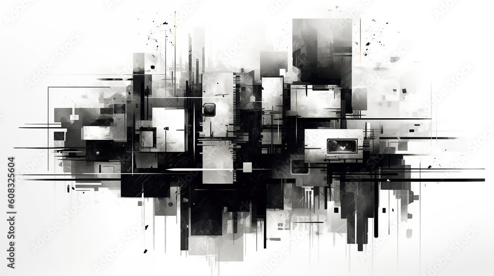 Fototapeta premium Contemporary abstract geometric art of buildings. Black and white graphic. Town. Generative AI. Illustration for for banner, poster, cover, brochure or presentation.