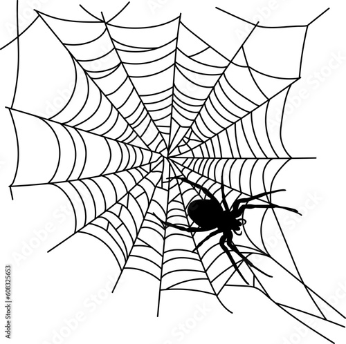 Scary black spider web isolated on white. Spooky halloween decoration.