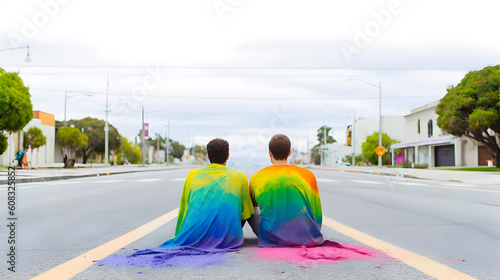 Boys couple with rainbow colored shirt.. Concept of LGBT pride. AI generated