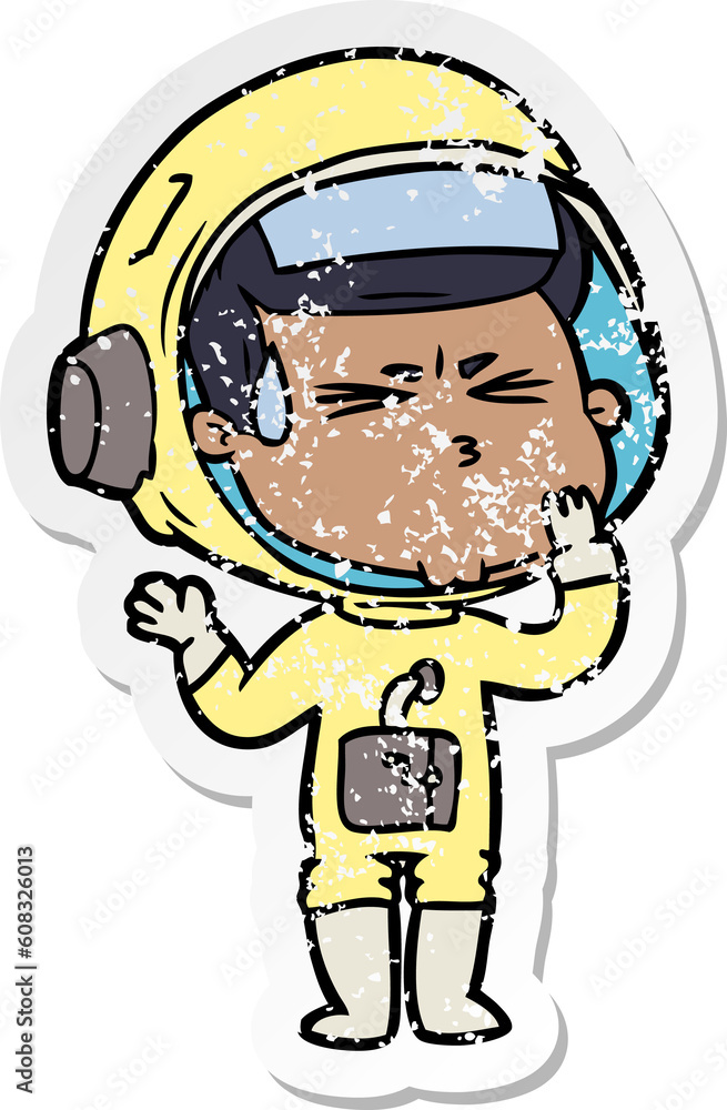 distressed sticker of a cartoon stressed astronaut