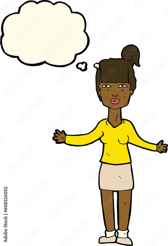 cartoon woman shrugging shoulders with thought bubble cartoon woman shrugging shoulders with thought bubble