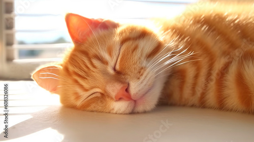 cute red tabby cat sleeping on the windowsill, ai generated photo