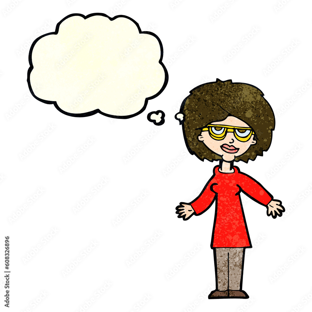 cartoon woman wearing glasses with thought bubble cartoon woman wearing glasses with thought bubble