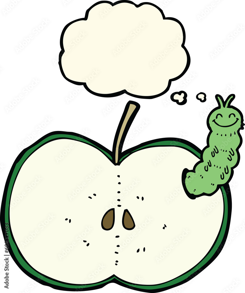 cartoon bug eating apple with thought bubble cartoon bug eating apple with thought bubble