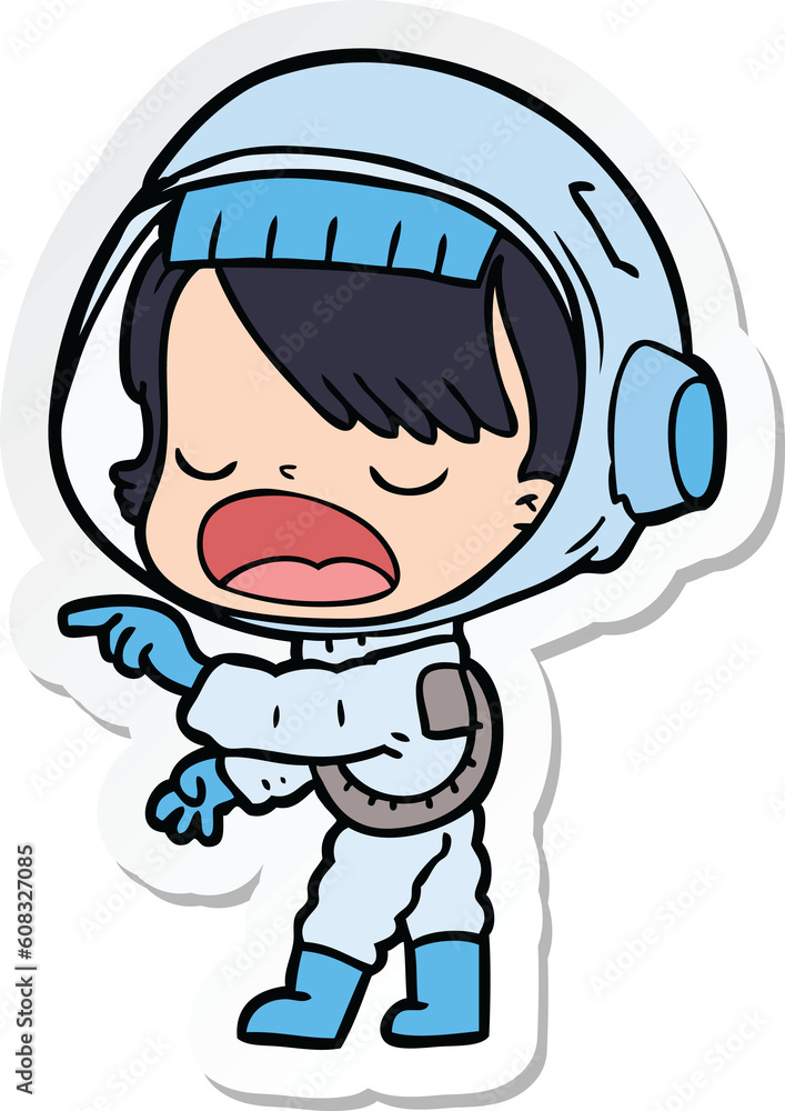 sticker of a cartoon astronaut woman pointing and talking