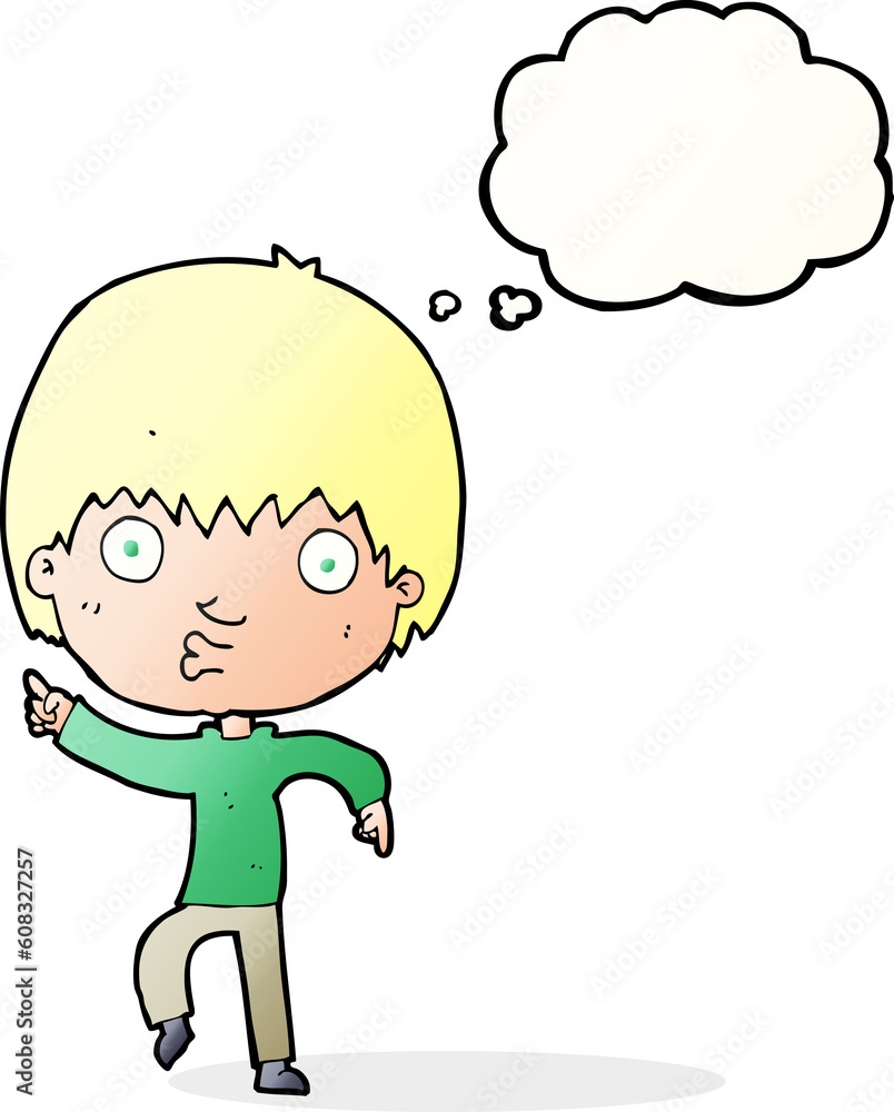 cartoon impressed boy pointing with thought bubble cartoon impressed boy pointing with thought bubble