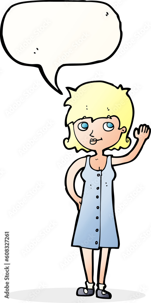 cartoon pretty woman waving with speech bubble cartoon pretty woman waving with speech bubble